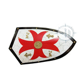 Decorative knight shield with brass medallion and gold symbols